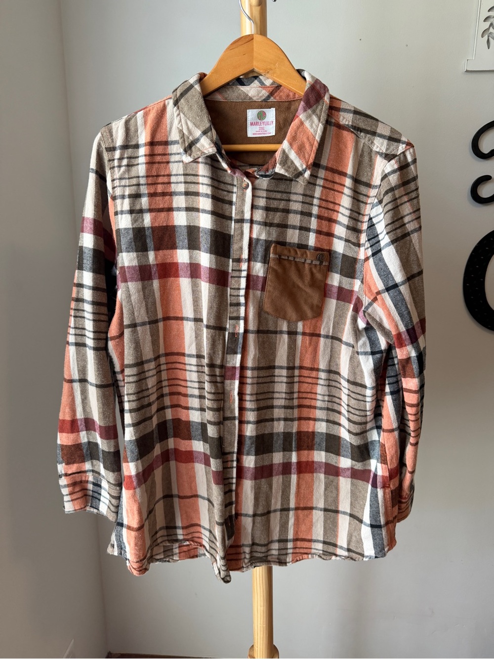 Marleylilly Plaid Cotton Flannel Shirt Autumn Top Women’s XXL Western Pocket